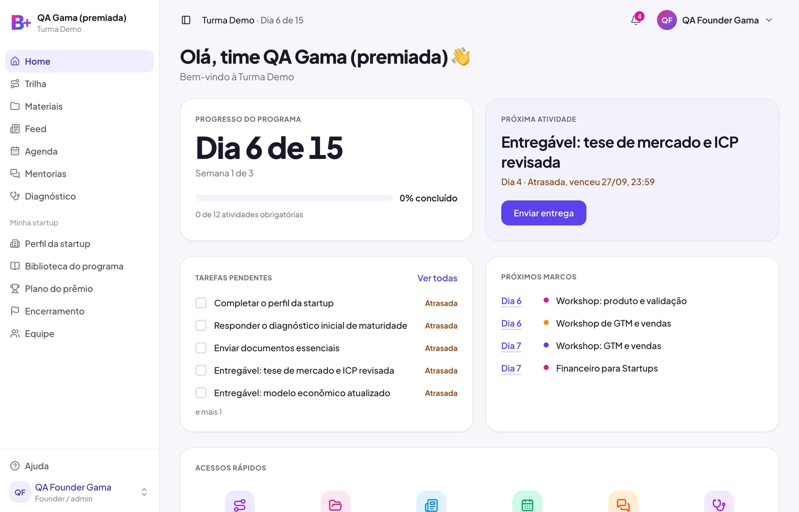 Tela inicial da startup na plataforma